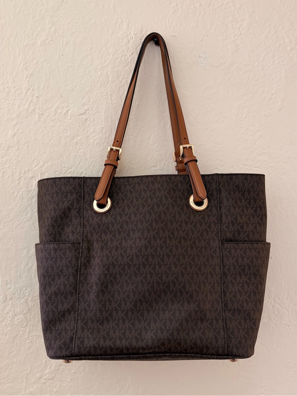 Michael Kors Dark Brown Logo Tote with Tan Leather Straps
